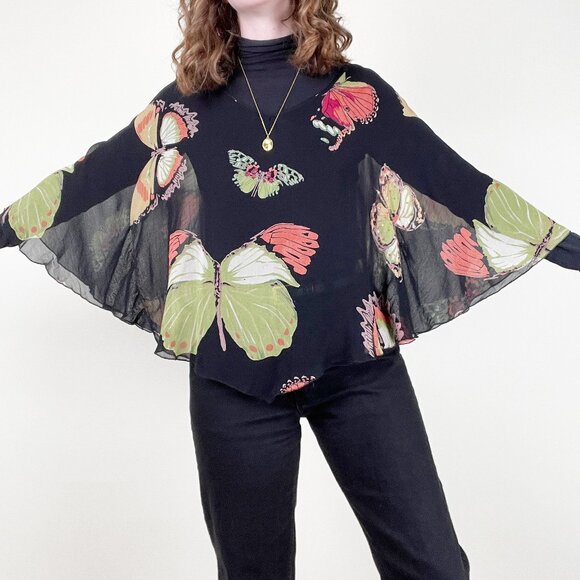 Vintage 90s Y2K Silk Poncho Top Sheer Butterfly Print Whimsical Blouse Tunic 00s - Picture 2 of 6